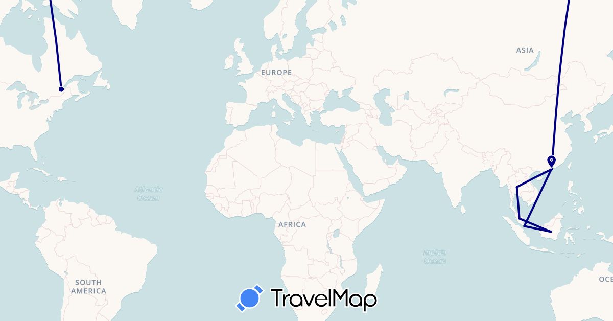 TravelMap itinerary: driving in Canada, Hong Kong, Indonesia, Malaysia, Singapore, Thailand (Asia, North America)